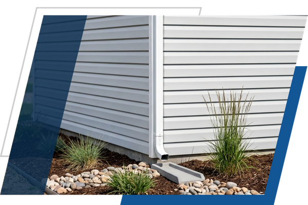 Newly installed exterior vinyl siding and aluminum gutter downspout on a home.