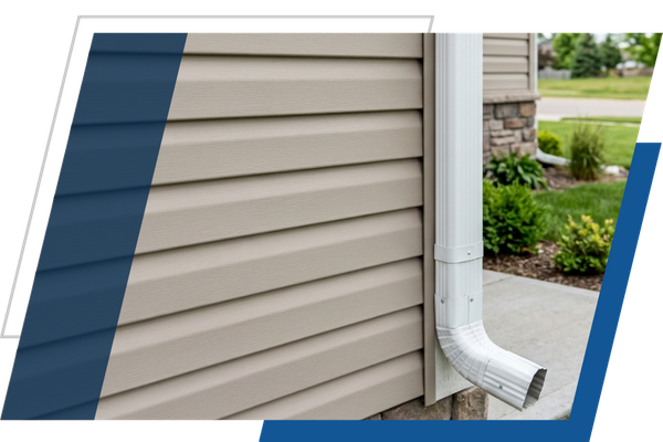 Crisp horizontal siding and clean seamless gutter downspout installed on an exterior home wall.
