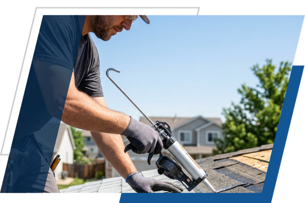 Professional roofing contractor repairing damaged shingles on a residential home roofline.
