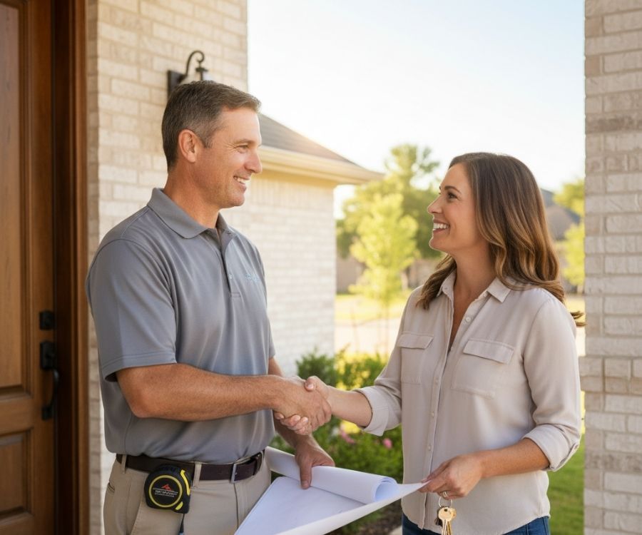 Shaking hands with roofing contractor