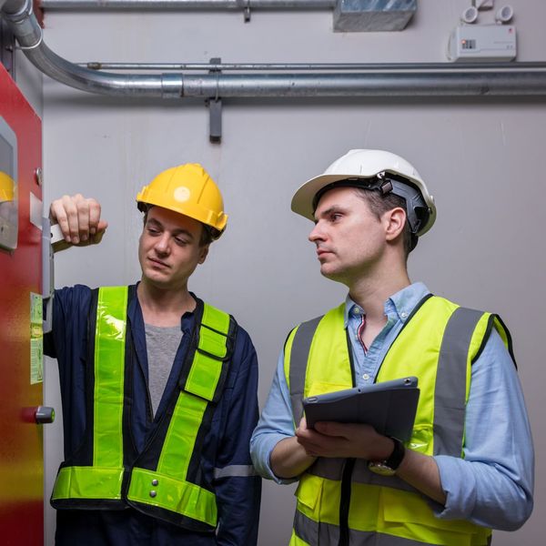 men inspecting fire system