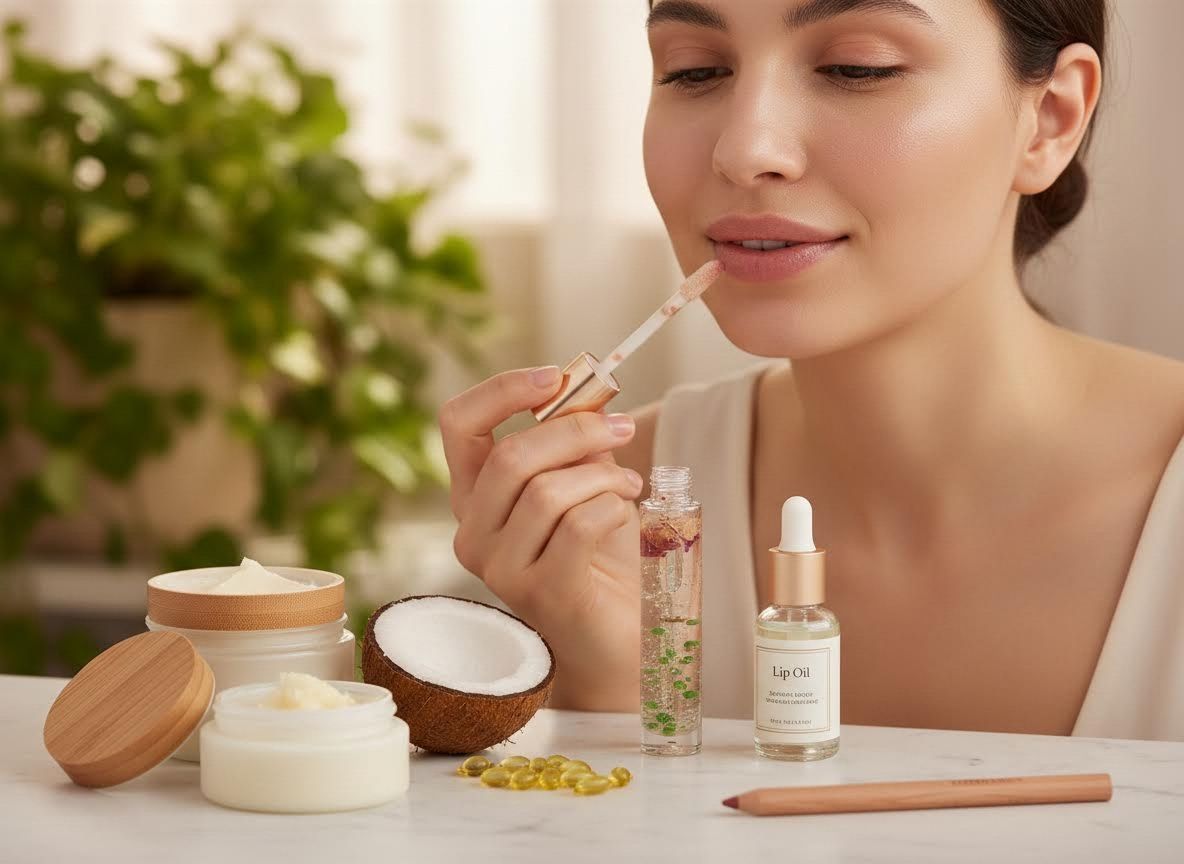 Woman Applying Lip Oil with Natural Beauty Products