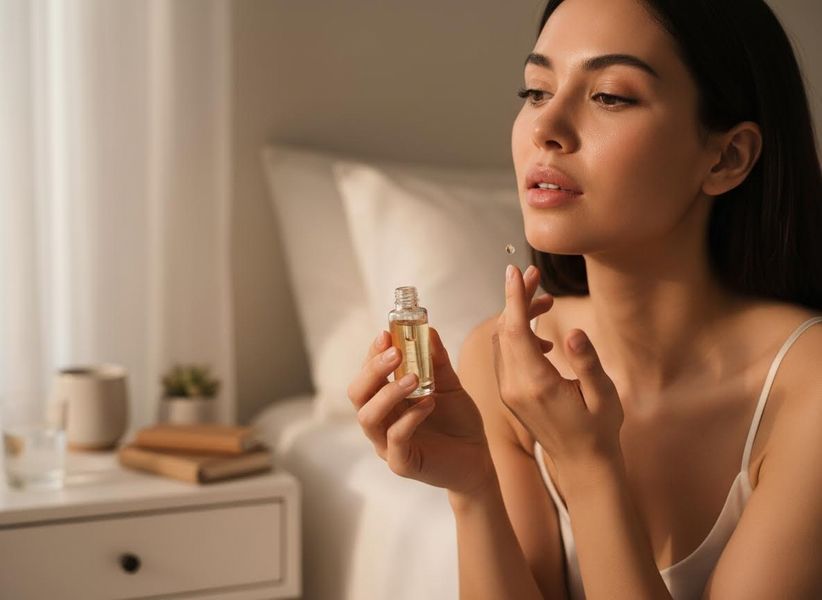 Woman applying facial oil from a dropper bottle