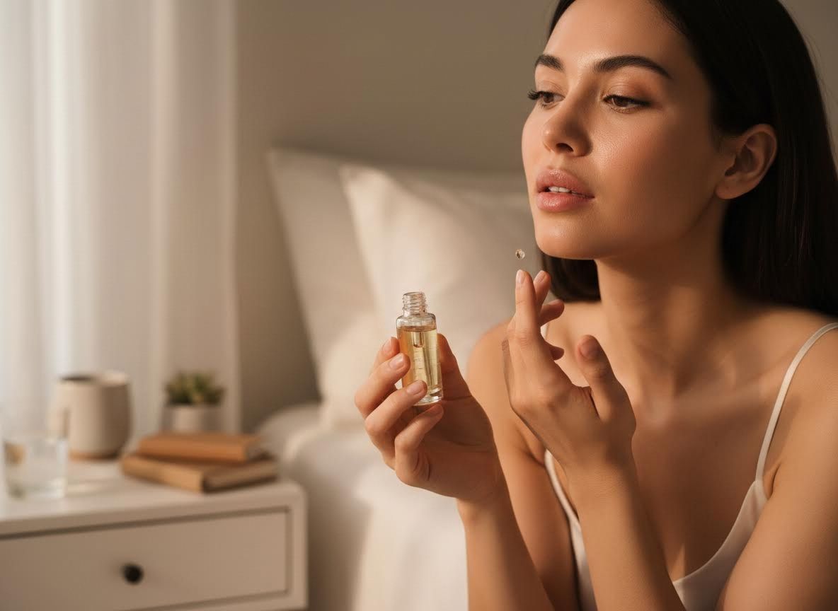 Woman applying facial oil from a dropper bottle