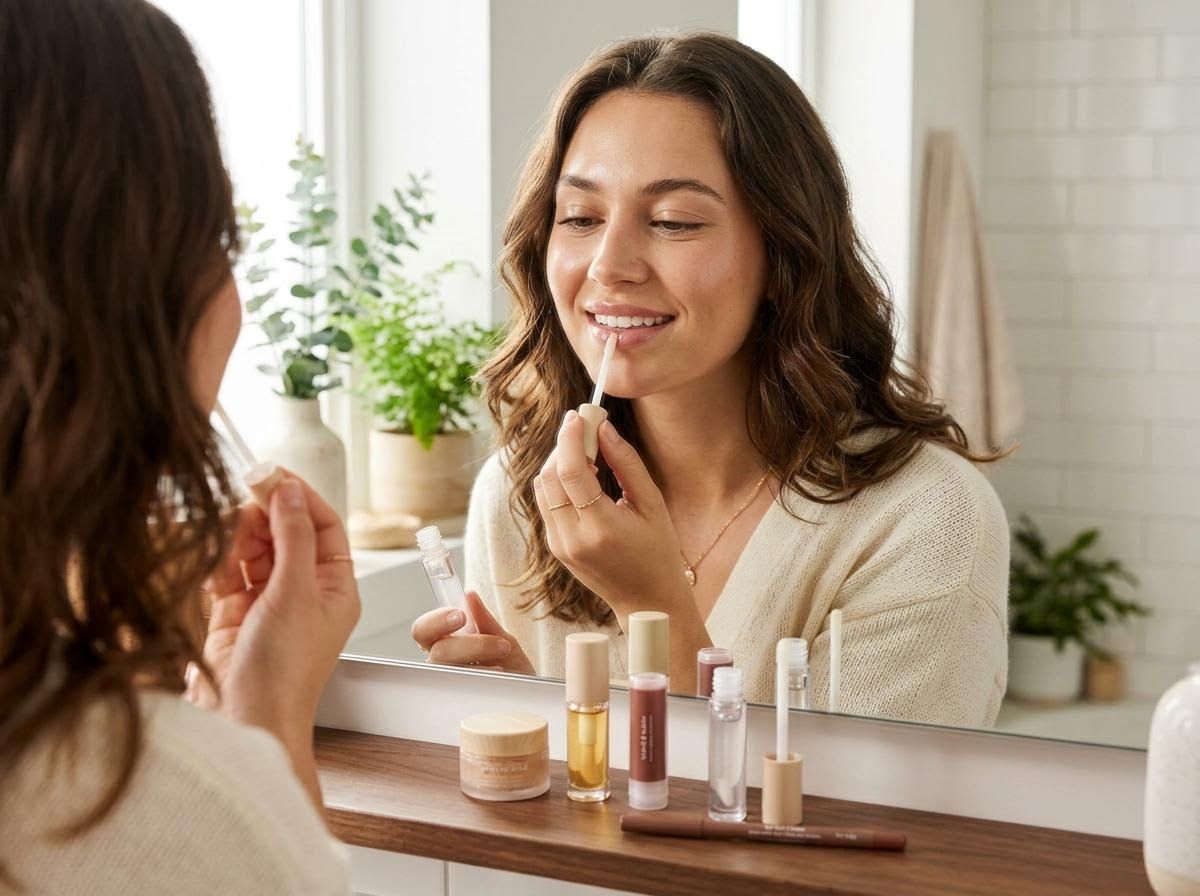 Young Woman Applying Lip Gloss in Mirror