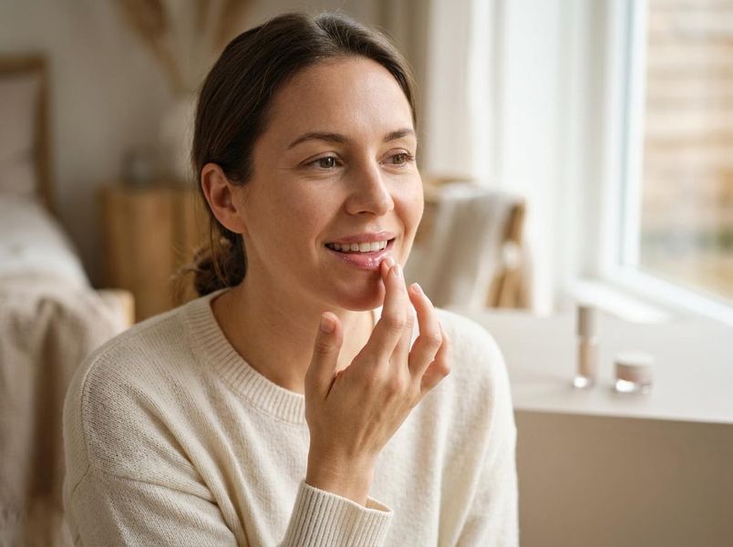 Smiling woman applying lip balm