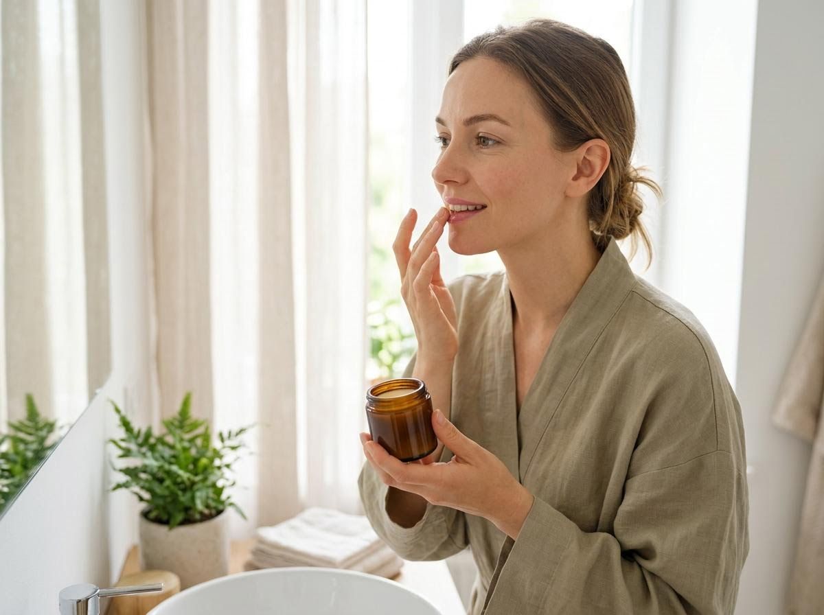 Woman applying natural lip balm in bathroom