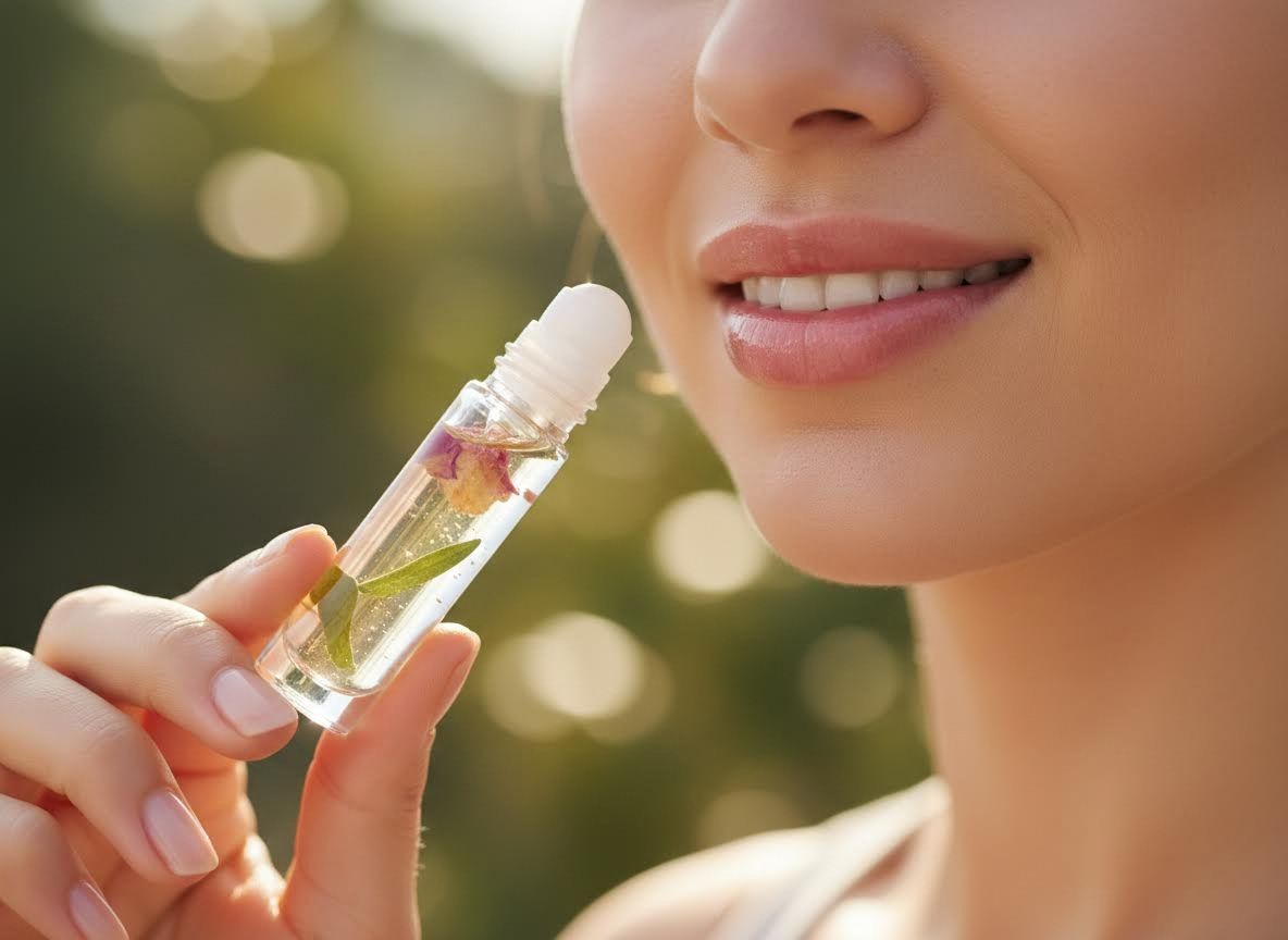 Woman holding essential oil roller bottle