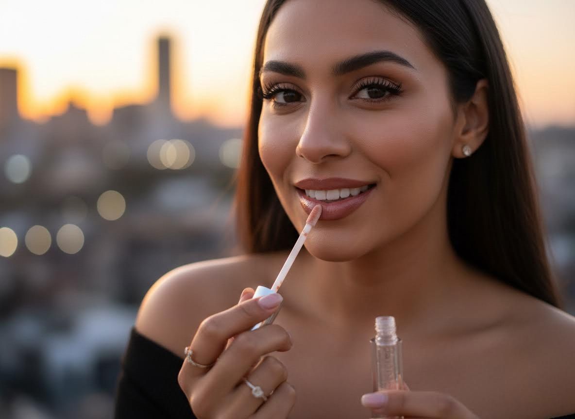 Smiling Woman Applying Lip Gloss with City Sunset Backdrop