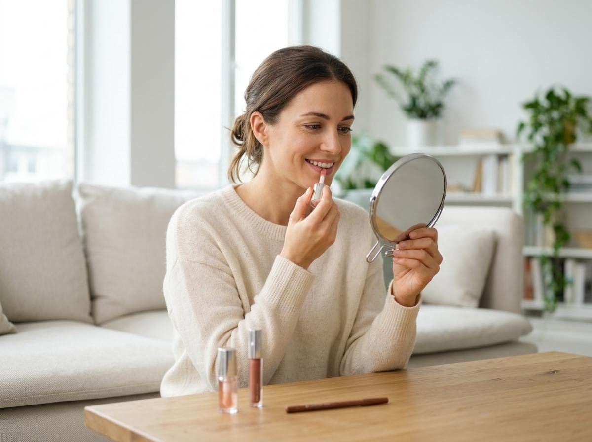 Smiling woman applying lip gloss in a mirror