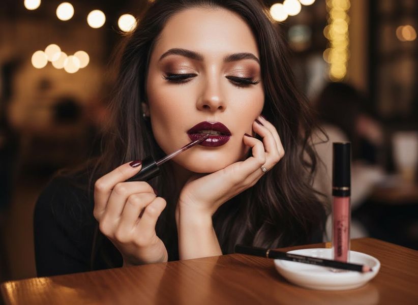 Woman applying dark liquid lipstick