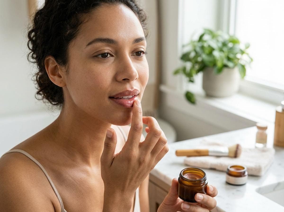Woman applying lip balm in a bathroom