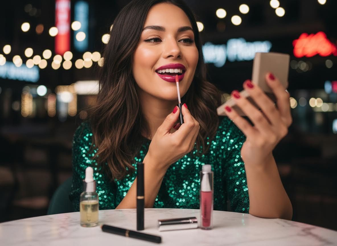 Smiling Woman Applying Fuchsia Lipstick
