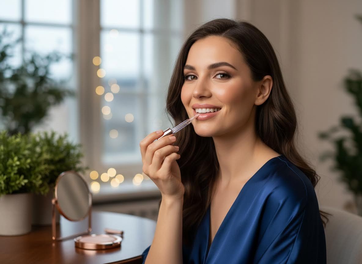 Smiling Woman Applying Lip Gloss in Blue Robe