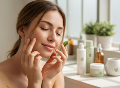 Young Woman with Glowing Skin and Natural Skincare Products