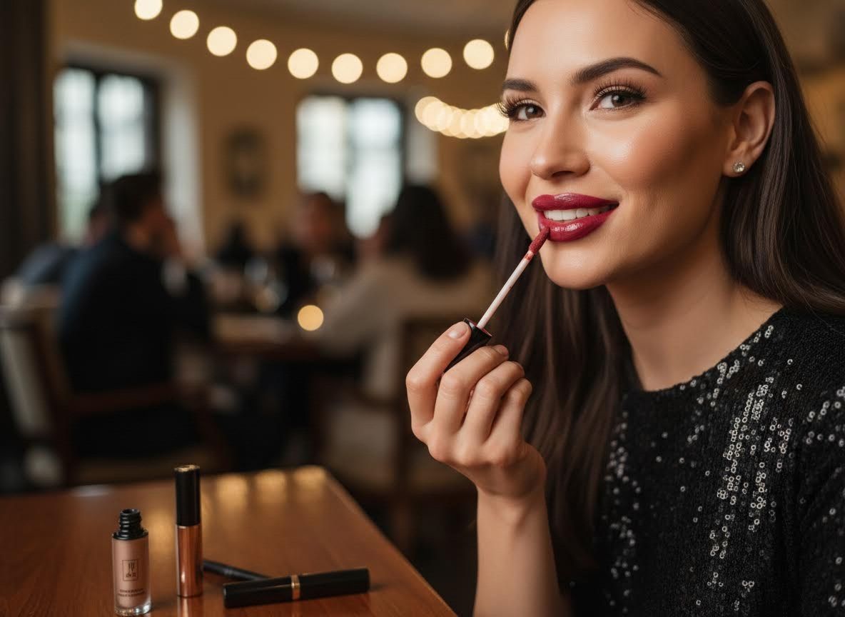 Smiling Woman Applying Red Lip Gloss