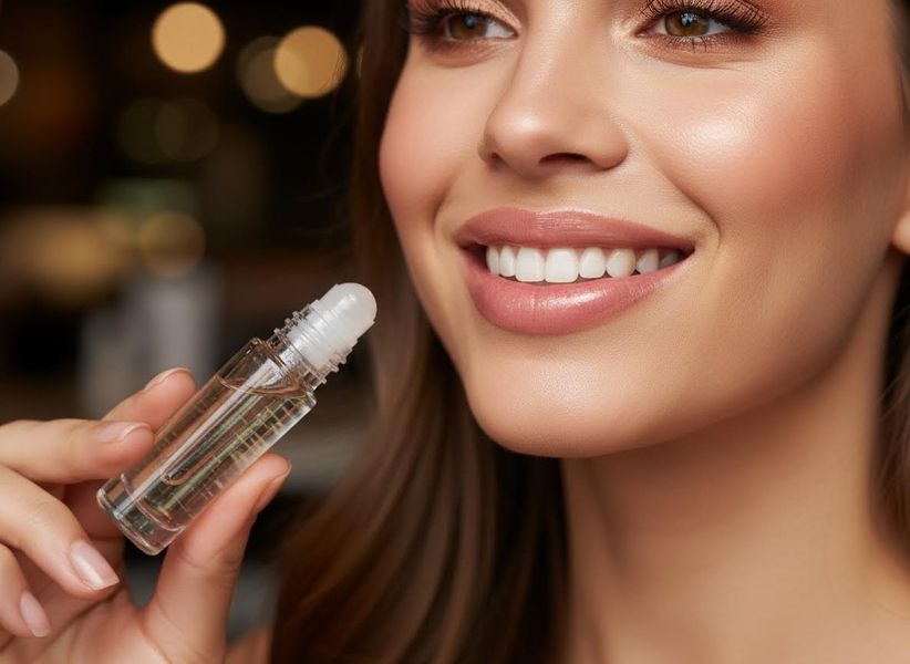 Smiling woman holding a cosmetic roller-ball bottle