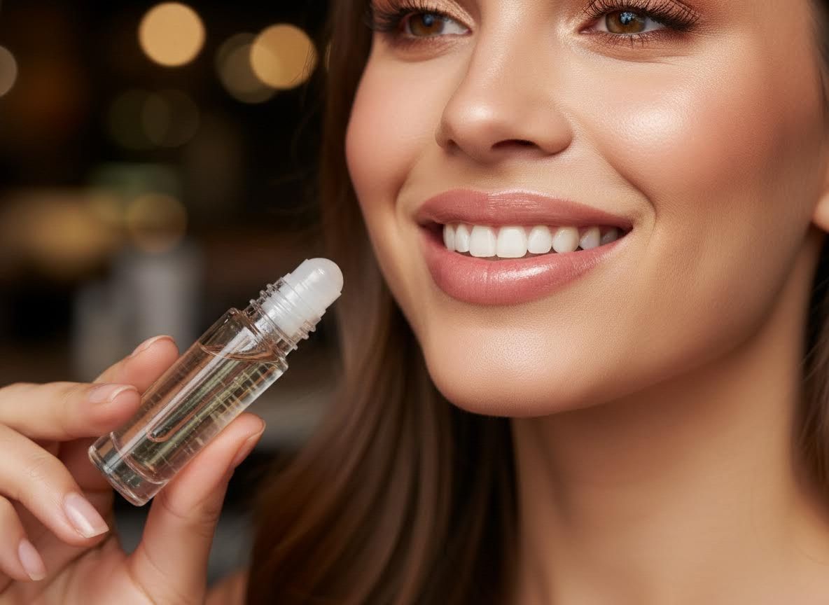 Smiling woman holding a cosmetic roller-ball bottle