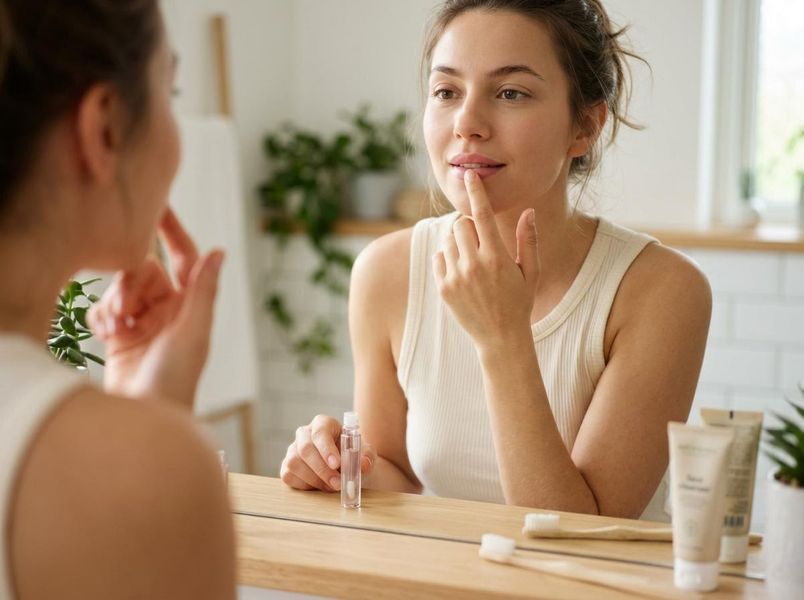 Young Woman Applying Lip Care in Bathroom Mirror