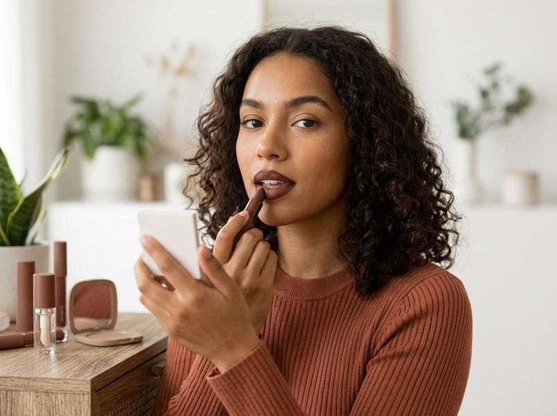 Young woman applying lipstick