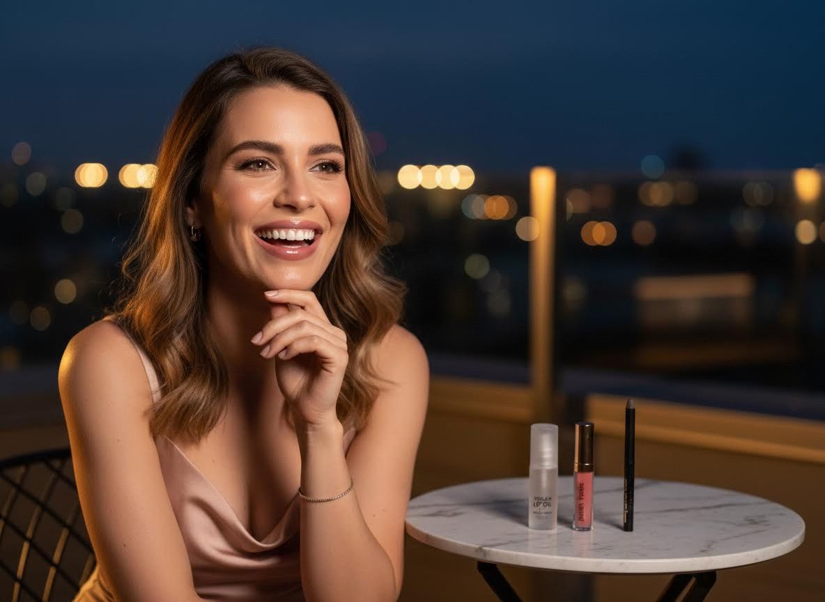 Smiling Woman with Lip Makeup Products on a Balcony at Night