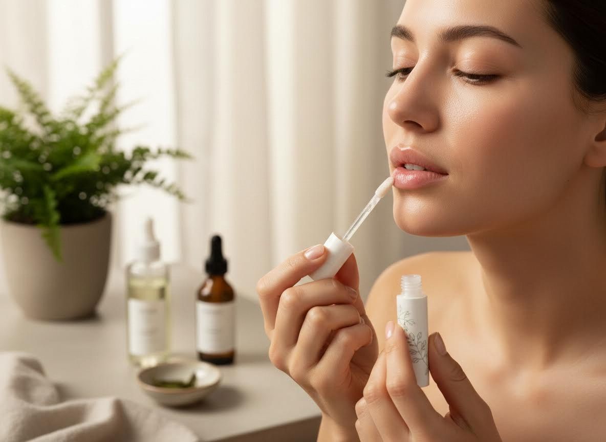 Woman applying clear lip gloss or lip serum