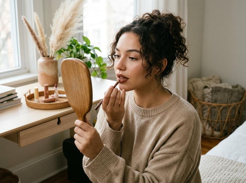 Woman Applying Lipstick with Wooden Mirror