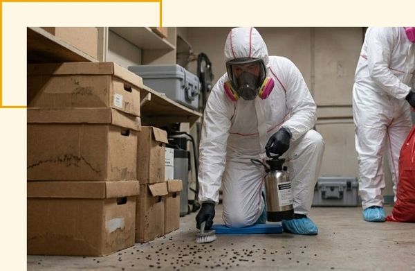 workers cleaning up rodent droppings