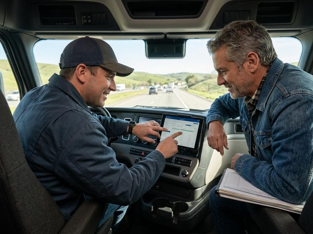 Two men in a truck cabin review a tablet