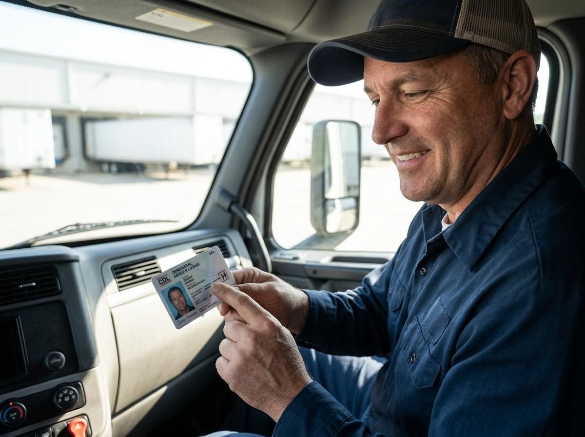 Smiling truck driver holding CDL