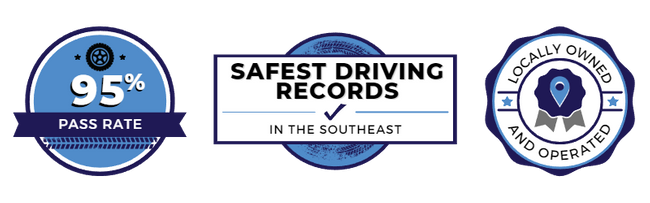 Badge 1: Locally Owned and Operated  Badge 2: 95% Pass Rate  Badge 3: Safest driving Records in the Southeast