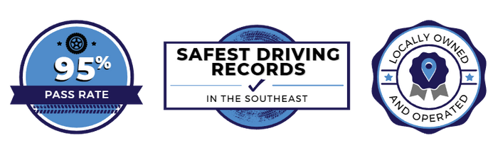 Badge 1: Locally Owned and Operated  Badge 2: 95% Pass Rate  Badge 3: Safest driving Records in the Southeast