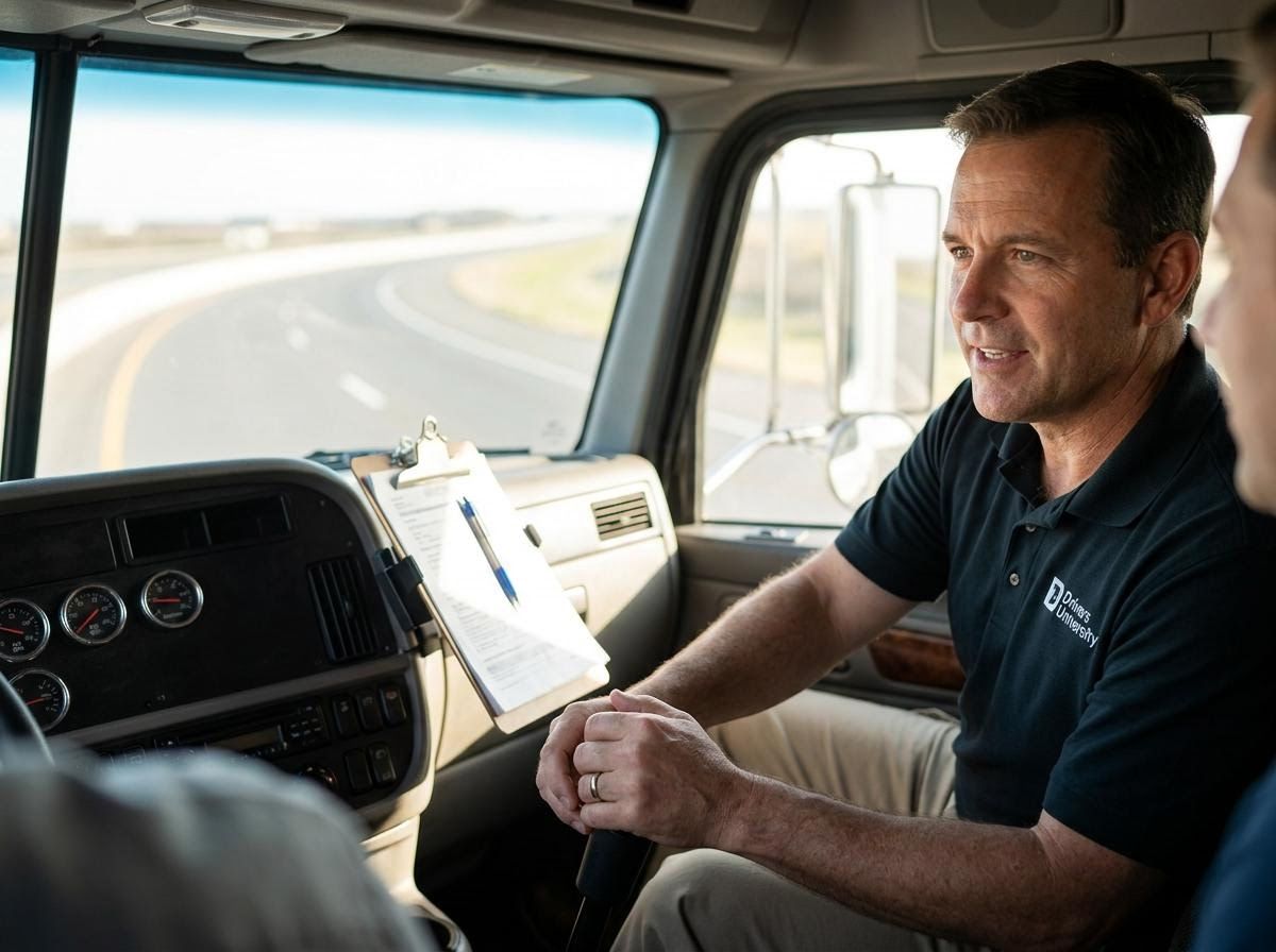 Trucking instructor in a semi-truck cab