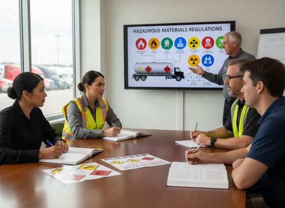 A group of workers, some in safety vests, attends a hazardous materials regulations training session led by an instructor pointing at a screen. Hazardous Materials Safety Training