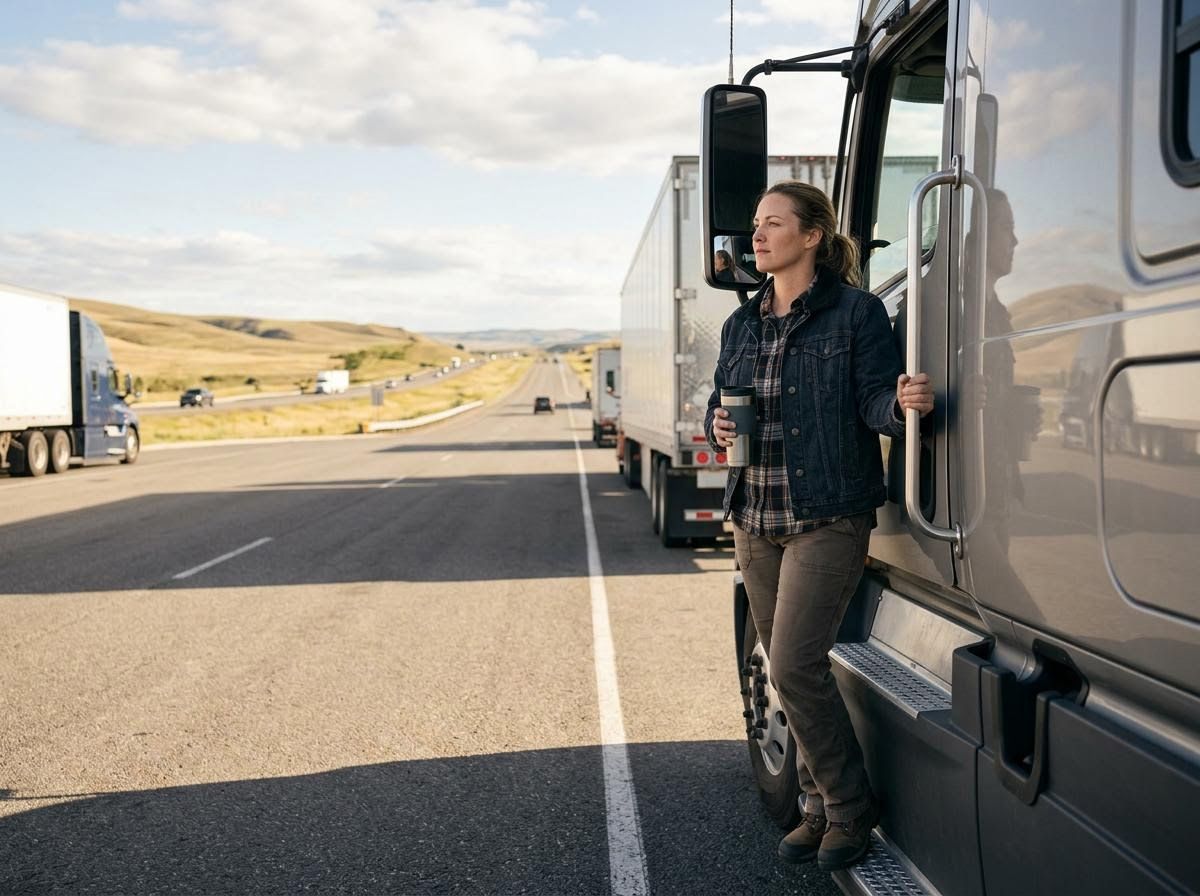 Female Truck Driver Pausing on Highway