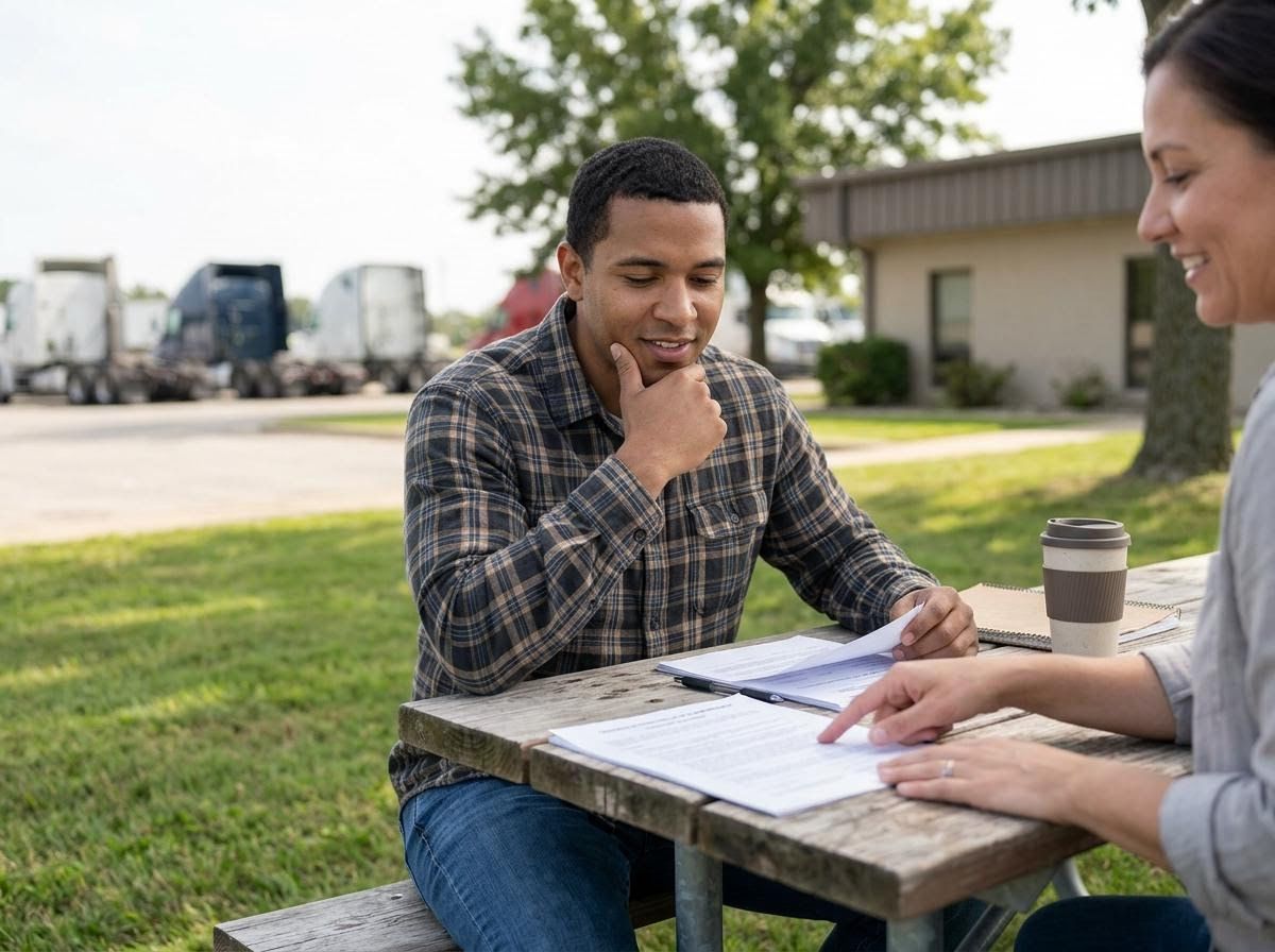 Man and Woman Discussing Documents at Truck Stop