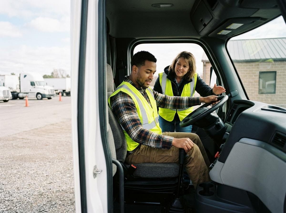 Truck driver training with instructor in a yard