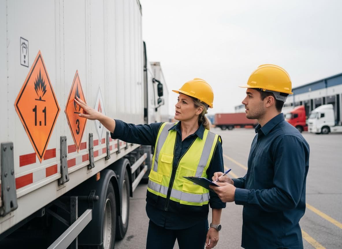 Logistics Professionals Inspecting Hazardous Material Labels on Truck