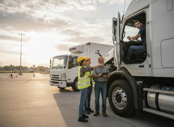 Logistics Team Discussing Commercial Truck Inspection