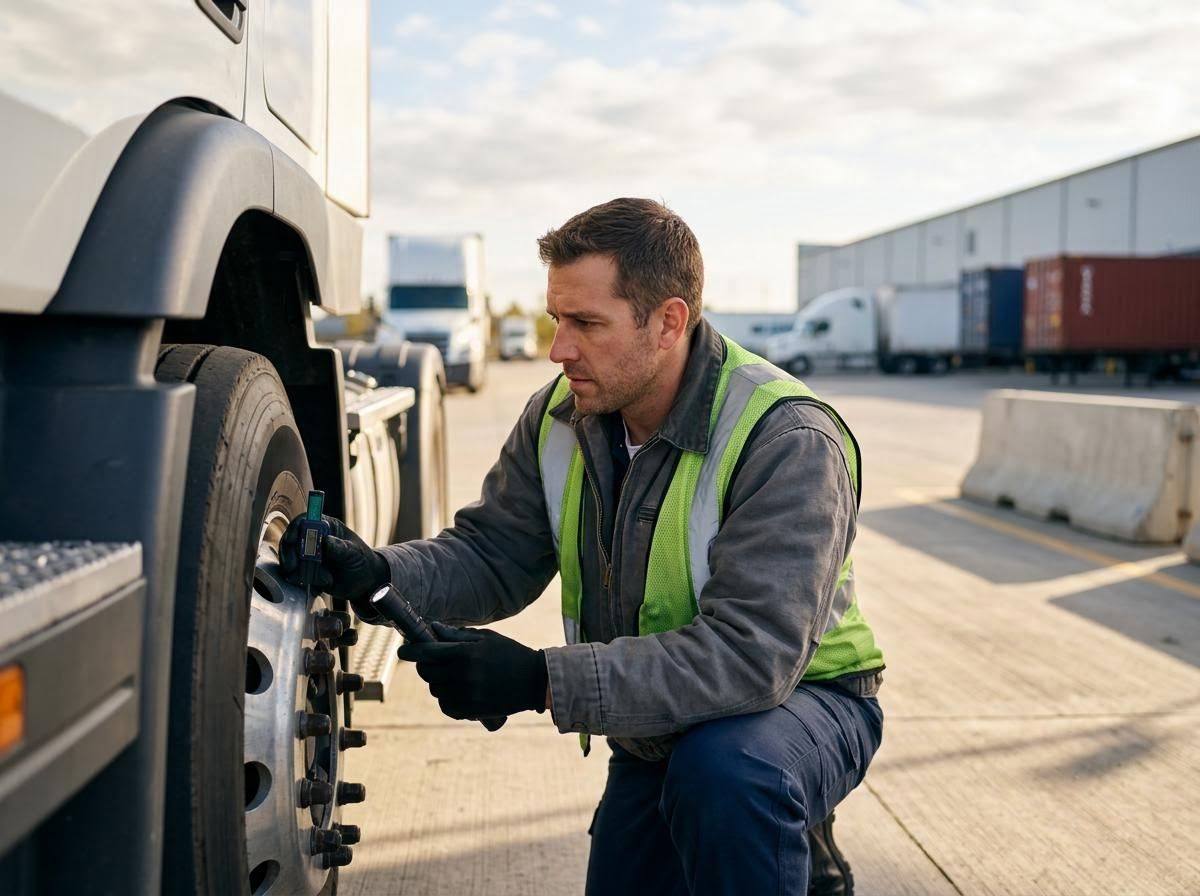 Truck Driver Inspecting Tire