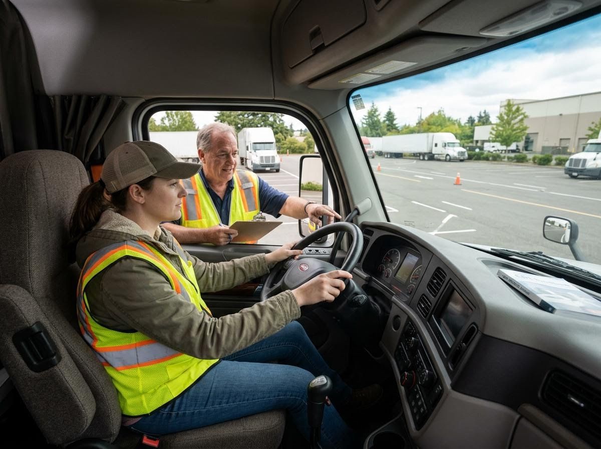 Truck driving instructor coaching a female student driver