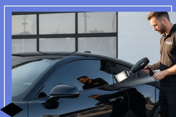 A professional window tint installer inspecting the newly applied dark tint on a sleek black sports car outside a modern tinting shop.