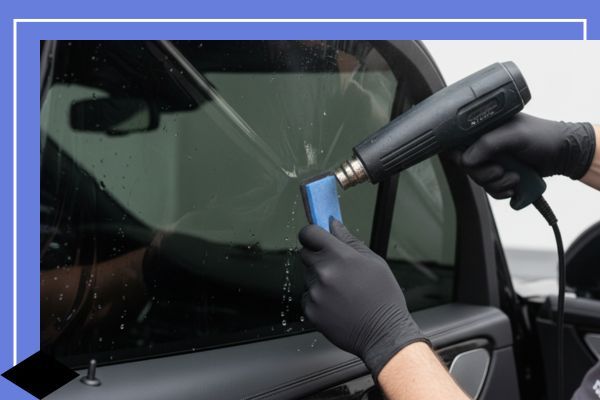 Close-up of an installer's gloved hands using a heat gun and squeegee tool to skillfully shrink and apply window tint film onto a car door window.