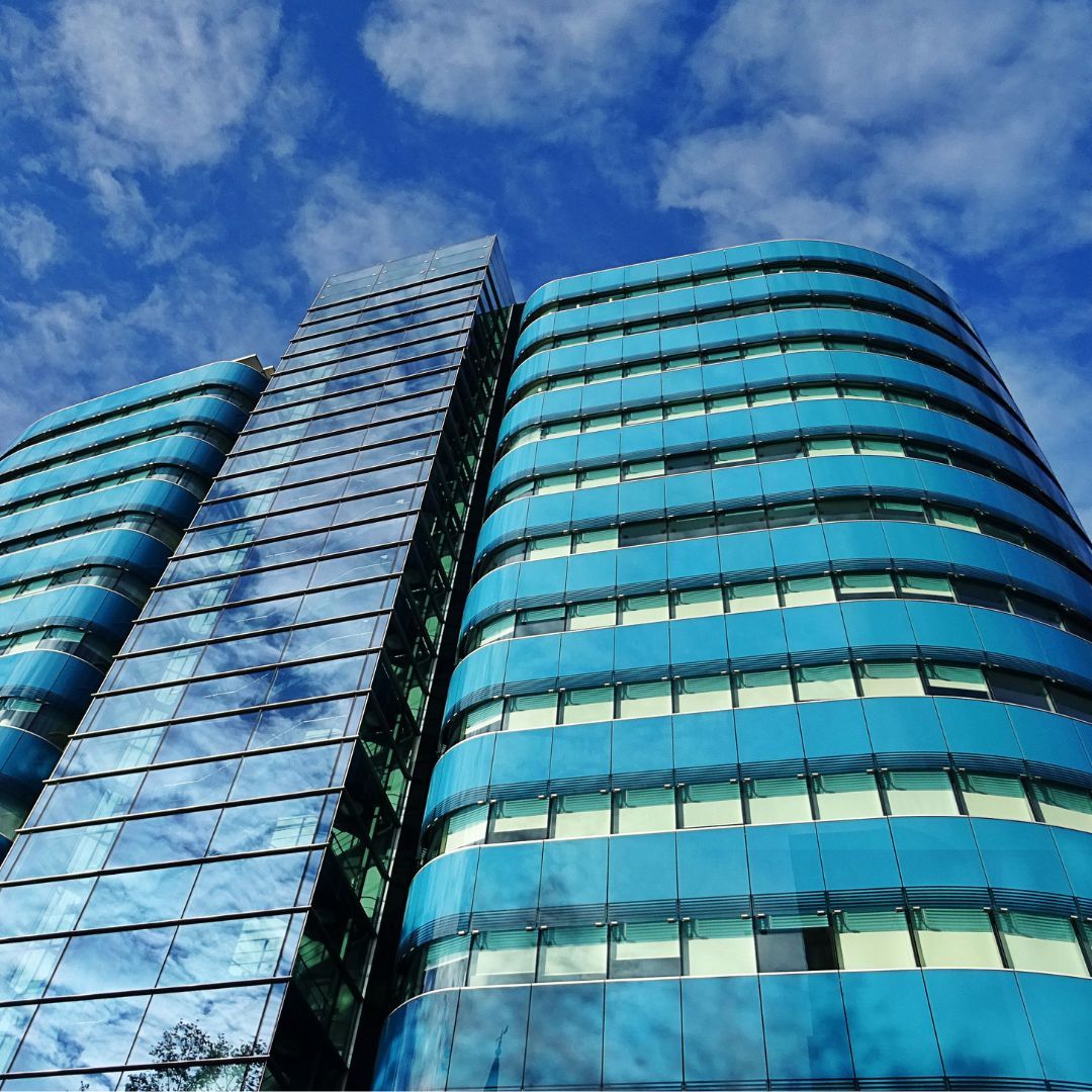 Looking up at tinted office windows