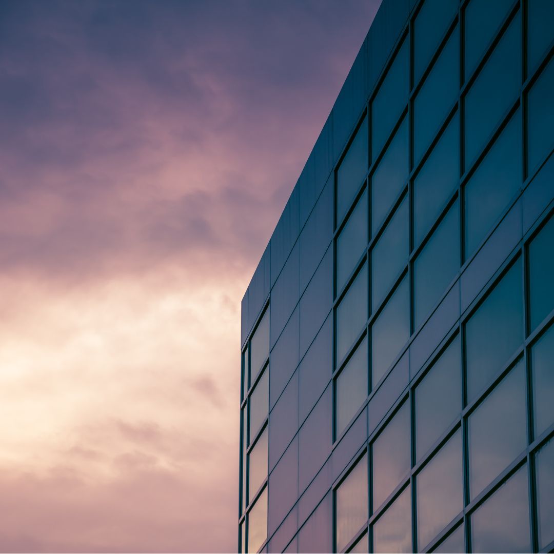 Tinted office windows at sundown