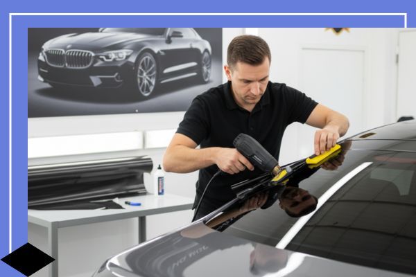 auto technician applying window tint to a car