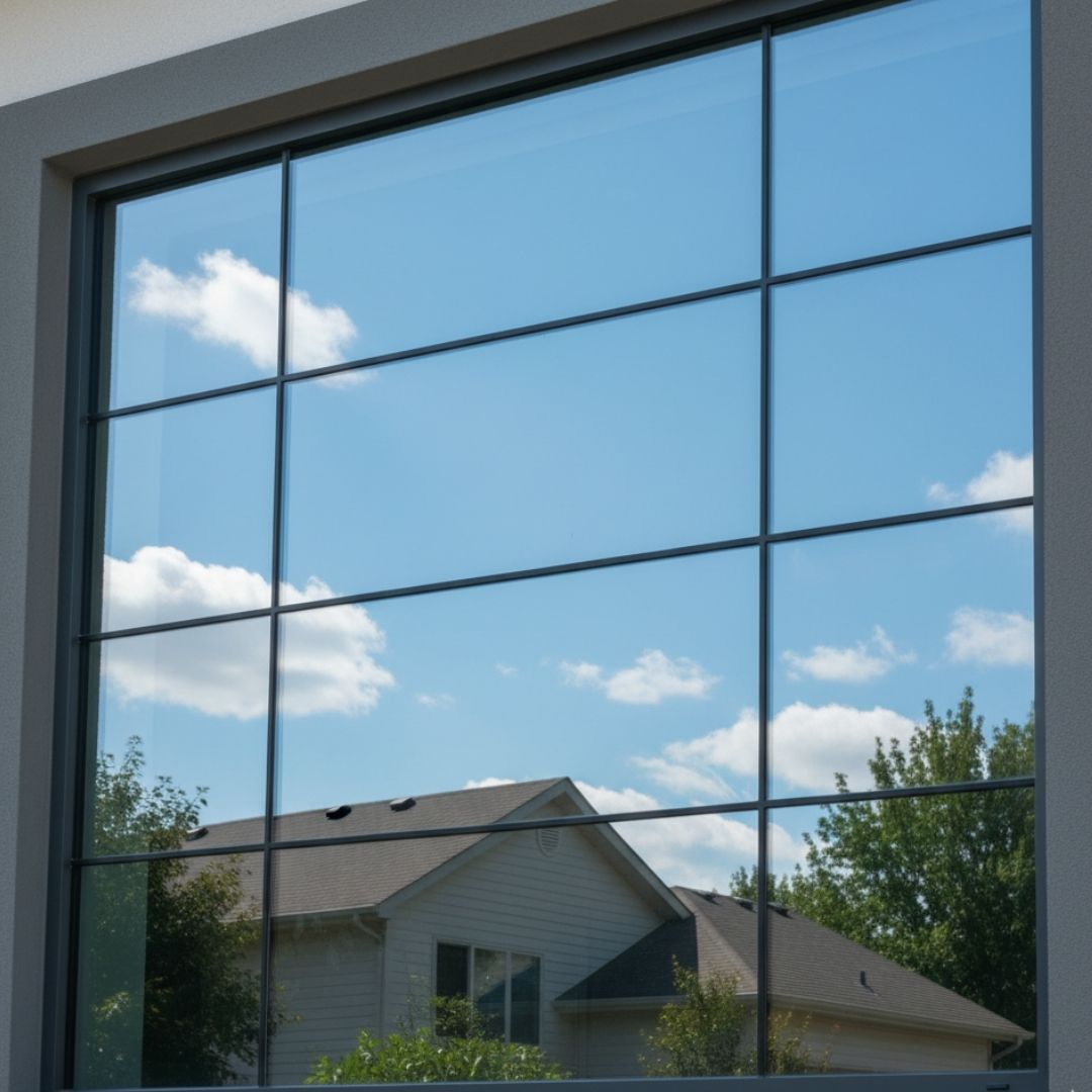 building reflected in window