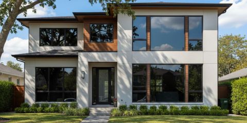 A modern house with professional window tinting, reflecting the surrounding environment on a sunny day.