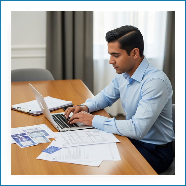 A professional looking at a laptop while working at a table with visas scattered