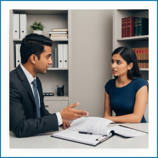 An immigration attorney speaking with a client in an office